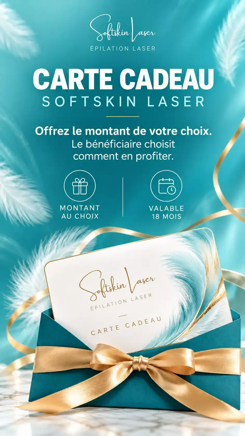 Carte cadeau Softskin Laser dans une enveloppe turquoise et dorée