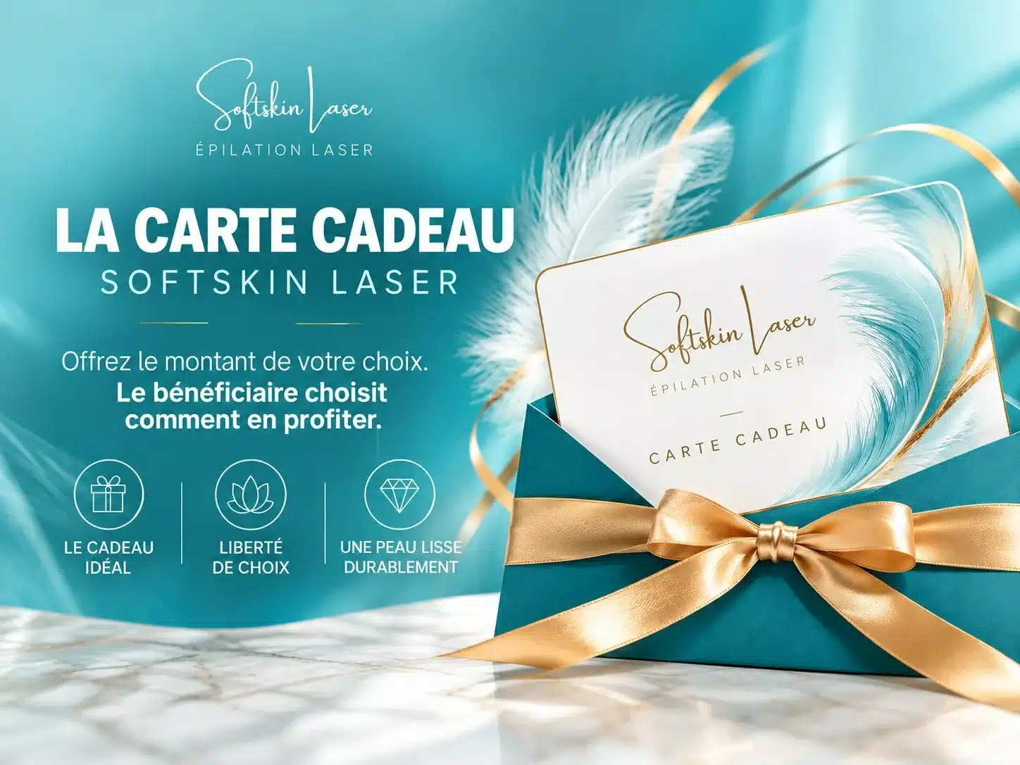 Carte cadeau Softskin Laser dans une enveloppe turquoise et dorée